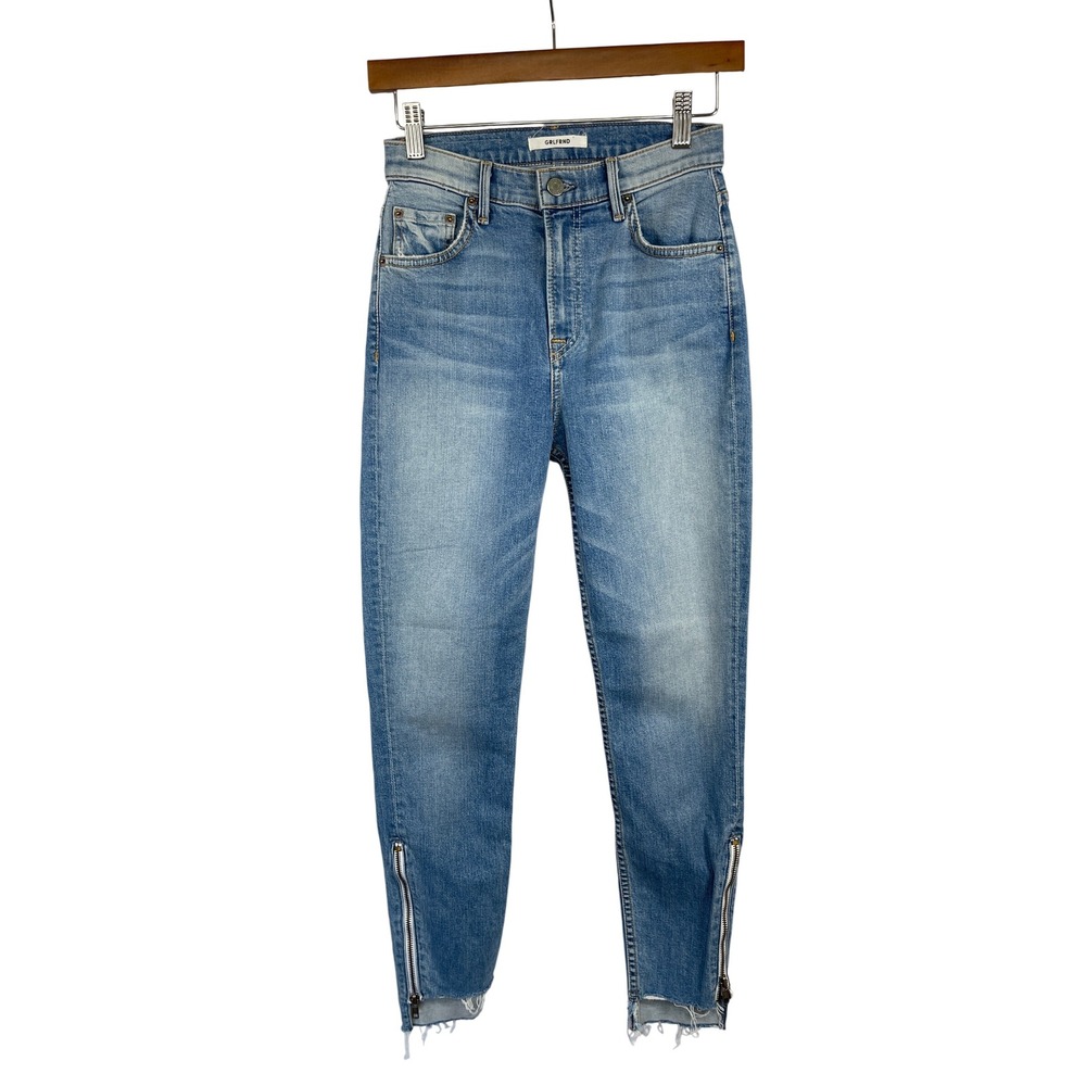 GRLFRND Kendall High Rise Skinny Jeans 24 Blue Ankle Zip Raw Hem Edgy Minimalist